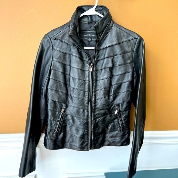 Jones New York Black Genuine Leather Moto Jacket Size Small Vintage Y2K 90s - Picture 1 of 7